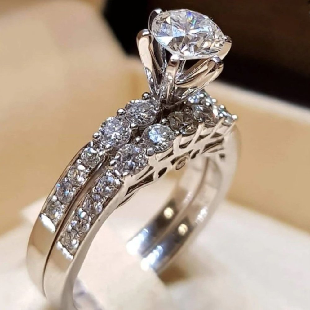 Silver Diamond Wedding Anniversary Ring‎ Set